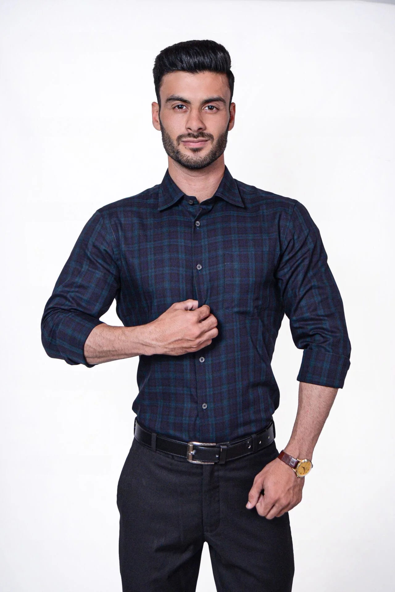 Firdous Black & Green Check Menβs Formal Shirt Cotton
